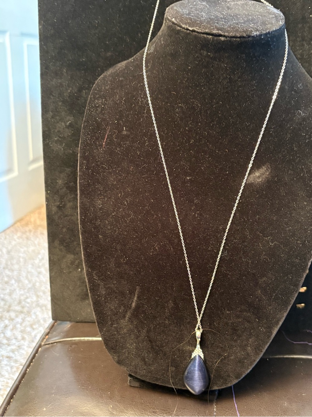 Delicate Navy Teardrop Pendant Necklace -very long chain- Women's Jewelry